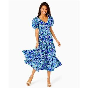 Lilly Pulitzer Sz 16 NEW Grace tiered midi dress Blue Grotto Twilight Tropics